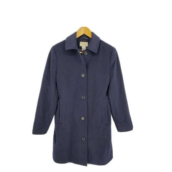 LL Bean Long Overcoat Wool Cashmere Blend Navy - Picture 1 of 4